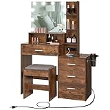 usikey Large Vanity Table Set with Lighted Mirror & Charging Station, Makeup Vanity Dressing Table with 4 Drawers, Vanity Desk with 3-Drawer Chest and Cushioned Stool for Women Girls, Rustic Brown