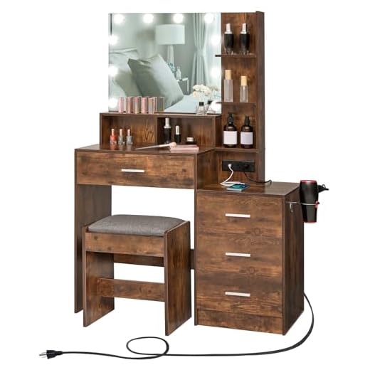 usikey Large Vanity Table Set with Lighted Mirror & Charging Station, Makeup Vanity Dressing Table with 4 Drawers for Christmas Day, Vanity Desk with 3-Drawer Chest and Cushioned Stool, Rustic Brown
