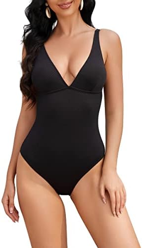 Taze'ne Women's One Piece Swimsuit V Neck Bathing Suit with Adjustable Straps Monokini Swimwear Black