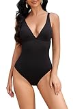 Taze'ne Women's One Piece Swimsuit V Neck Bathing Suit with Adjustable Straps Monokini Swimwear Blac