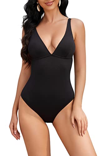 Taze'ne Women's One Piece Swimsuit V Neck Bathing Suit With Adjustable Straps Monokini Swimwear Black #TOP1