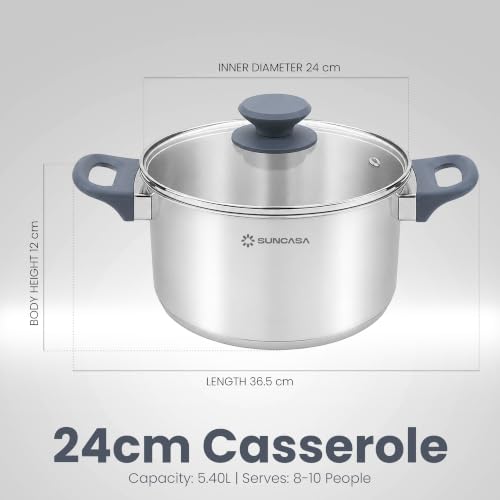 Image of Impact Pro 304 Stainless Steel Casserole with Lid, 24cm / 5.4 Liters, Stainless Steel Handi /Biryani Pot with Glass Lid, Cook and Serve, Mirror Finish, Induction Compatible, Silver
