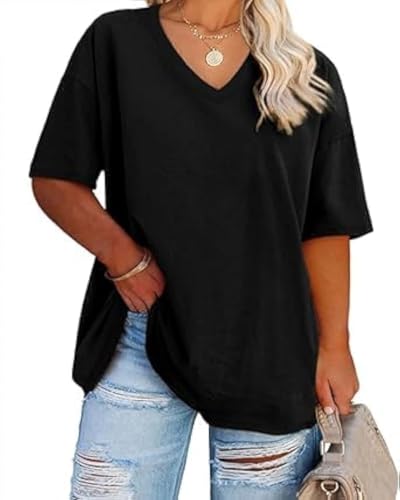 FANGJIN V Neck Tops for Women UK Oversized T Shirts Summer Top Ladies T Shirts Size 16 Short Sleeve Tee Women Black 3XL