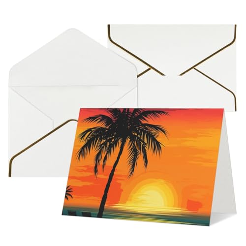 QMNSEHF 封筒付きブランクグリーティングカード サンセット ヤシの木 Happy Birthdayカード 女性用 男性用 クリスマス ハロウィン 結婚式 ブランク ノートカード あらゆる機会のグリーティングカード 4x6