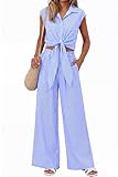 PRETTYGARDEN 2 Piece Sets For Women Summer Striped Button Down Tie Front Crop Tops Wide Leg Pants Floral Lounge Set 2026(Striped Blue,Large)