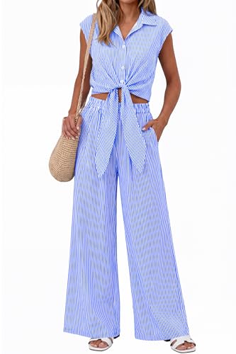 PRETTYGARDEN 2 Piece Sets For Women Summer Striped Button Down