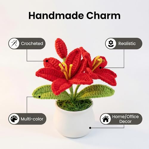 RANXIZY Handmade Potted Crochet Lily Flower,Artificial Lily Flowers Plants with Realistic Stamen, Mini Knitted Floral Lilies for Desk Decoration& Gift, 5.9 Inches Tall(Red1) — view 3