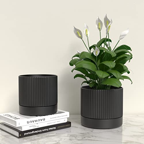 Carrward Ceramic Planter Pots Indoor With Drainage Hole & Saucer,Including Stand,6.3 Inch Mid-Century Modern Cylinder Plant Pot For Snake Flower Leaf #TOP2