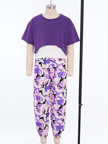 Kids Girls 3 Piece Workout Sports Outfit Short Sleeve Crop Top Cami Vest with Jogger Sweatpants Set Tracksuit Purple 6-7 Years3