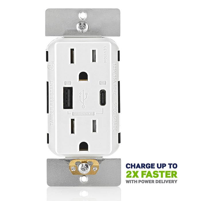 Image of Leviton 60W (20V@2.5A+ 5V@2A) USB Dual Type A /Type-C Power Delivery in-Wall Charger with 15A Tamper-Resistant Outlet, USB Charger for Smartphones, Tablets, Laptops, T5634-W, White (Pack of 10)