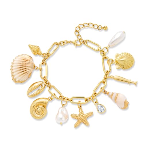 WOWORAMA Gold Shell Charm Bracelet for Women Chunky Gold Seashell Starfish Bracelet Boho Summer Beach Charm Bracelets Hawaiian Mermaid Jewelry