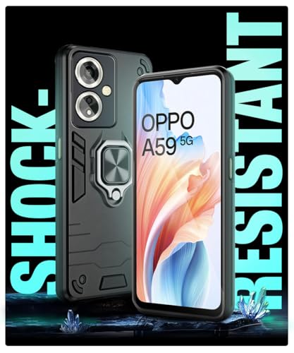 Image of WOW IMAGINE Shock Proof Back Case Mobile Cover for Oppo A59 5G | Bumper Back Cover Case (Tough Armor | Hybrid PC + TPU | Full Protection with Ring Holder & in-Built Kickstand | Black)