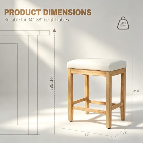 Image of RNKSFX Counter Height White Bar Stools Set of 6 for Kitchen Counter Farmhouse Modern Barstools with Faux Leather Upholstered Backless Seat and Solid Wood Legs 24 inch Bar Chairs, White + Wood Color