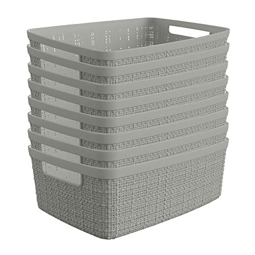 Curver Set of 8 Small 4.5L Jute Decorative Plastic Organization and Storage Baskets - Perfect Bins for Home Office, Closet Shelves, Kitchen Pantry and All Bedroom Essentials, Grey