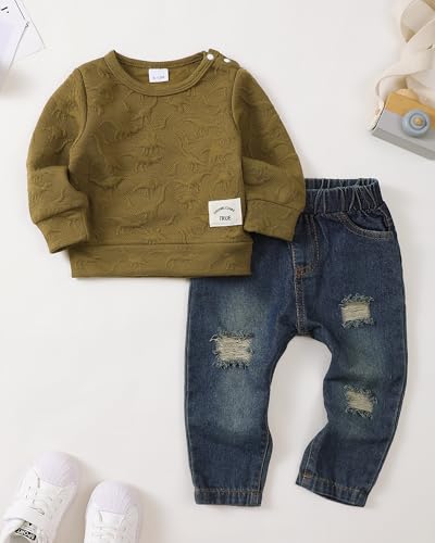Image of NZRVAWS Toddler Baby Boy Clothes Pullover Sweater Ripped Jean Sweatsuit Little Boy Outfit Fall Winter Clothing Set 6M-7T