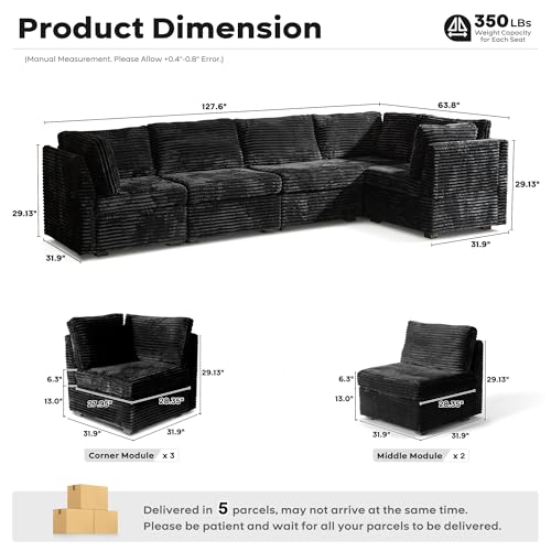 Image of ovios Modular Sectional Sofa Couch with V-Shape Chaise Convertible, Comfy Plush Corduroy Cloud Couches, Modern Luxury Deep Seat Sofas Set for Living Room, 5-Seater, Black