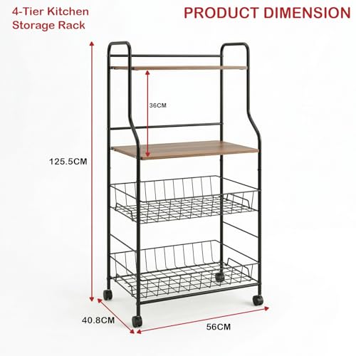 Image of Lukzer 4-Tier Kitchen Storage Rack & Microwave Oven Stand with Wheels Engineered Wood Shelf & Metal Wire Basket Rolling Cart for Kitchen Pantry & Home Organizer (Black & Oak Brown /41x56x126cm) CH-092