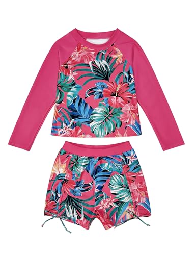 Image of Girls Swimsuit Long Sleeve Rash Guard Bathing Suit Two Piece Swimwear Swimming Tops and Ruched Shorts 4-13t