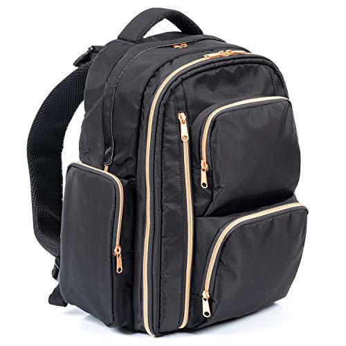 Large Capacity Diaper Bag Backpack, Black Nylon Diaper Bag with Rose Gold YKK
