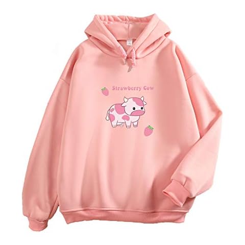 KEEVICI Pullover Sweatshirts for Women Cute Strawberry Cow Print Hoodie Casual Fuzzy Top (Pink,XL=US M) Cover