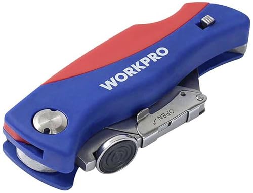 WORKPRO WP211006 Heavy Duty - Cúter plegable para retocar con caja de acero inoxidable + 6 cuchillas de repuesto