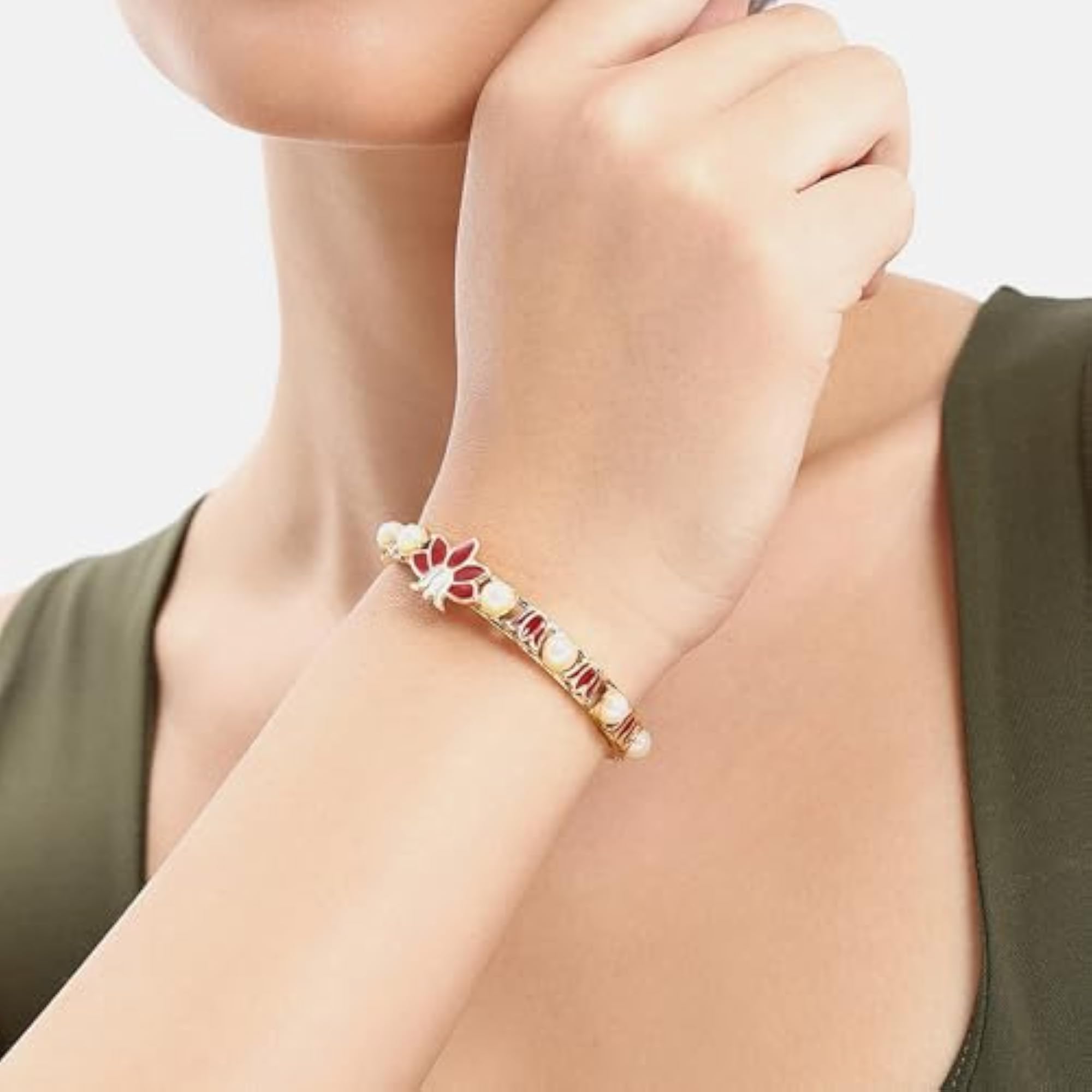 Exquisite Gold Plated Red Lotus Pearl Cuff Bracelet