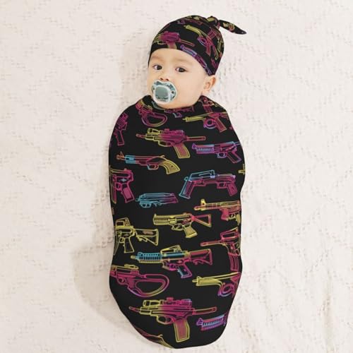 Image of Neon Various Popular Guns Newborn Swaddle Blankets Hat Sets Soft Baby Receiving Blanket Swaddle Sack for Baby Shower Infant Boy Girl Gift