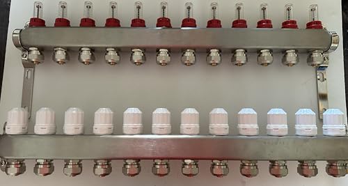 Manifold de PEX de 12 circuitos, 1/2 pulgada, incluye manómetros de temperatura, medidores de flujo, válvulas de cierre, manómetros de presión y temperatura y purgador automático de aire miniatura 2