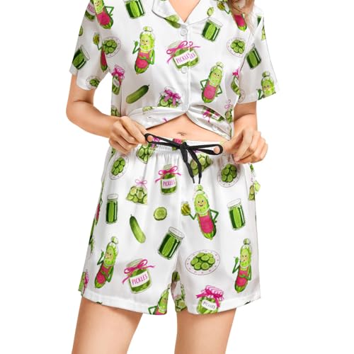 Image of Funny Pajamas for Women Set Print Satin Loungewear Pjs Short Sleeve Button Down Top and Shorts Sets Sleepwear XS-3XL
