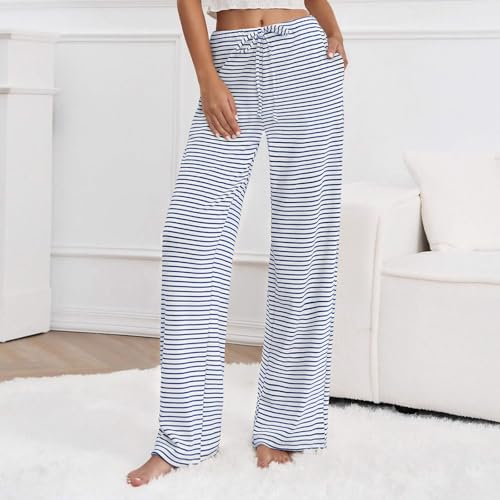 Women's Striped Wide Leg Pants Casual Elastic High Waist Drawstring Pants Loose Fit Solid Color Trousers with Pockets4
