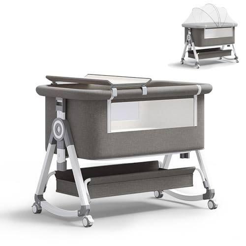 PandaEar Foldable Baby Bassinet Bedside Sleeper, Portable Crib with Wheels & Diaper Changing Table, Adjustable Height Infant Bed, Co-Sleeper for Newborns, Breathable Mesh