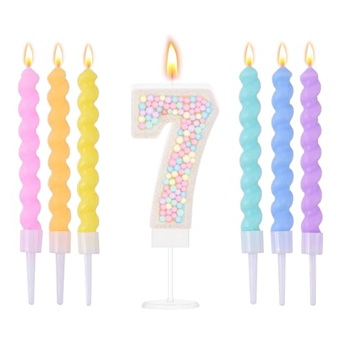 Ovaletta Macaron Bunte Geburtstagskerzen Zahlen 7, mit 6 Stücke Kerzen Geburtstag, Bunte Geburtstagskerze, Geburtstagskerzen für Torte, Kerze 7, Kerzen Zahlen