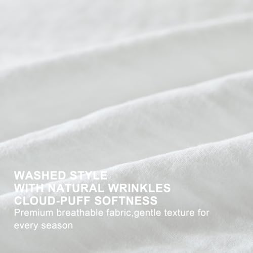 Image of White Ruffle Comforter Set Queen, Pre-Washed Shabby Chic Bedding Set, Lightweight Cottagecore Soft Romantic Cozy 1 Comforter & 2 Shams, All-Season