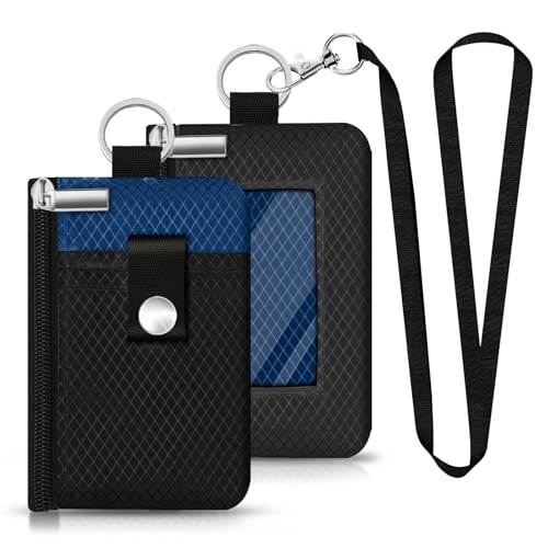 Image of Minimalist RFID Blocking Small Wallet with ID Window,WaterResistant Zip Id Case Wallet with Lanyard Keychain for Cards,Cash,Travel,Women,Men (Black /Electric Blue)