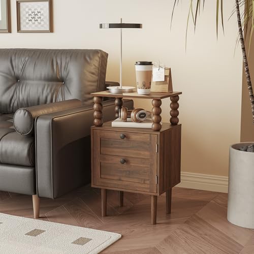 Image of Veegle Nightstand,Retro Bedside Table with Storage Drawer,Dark Walnut