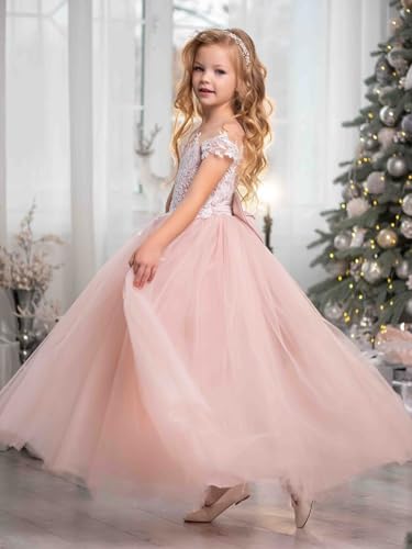 Lace Applique Flower Girl Dress for Wedding Kids Puffy Tulle Satin Long Princess Pageant Bowknot Prom Ball Gowns3