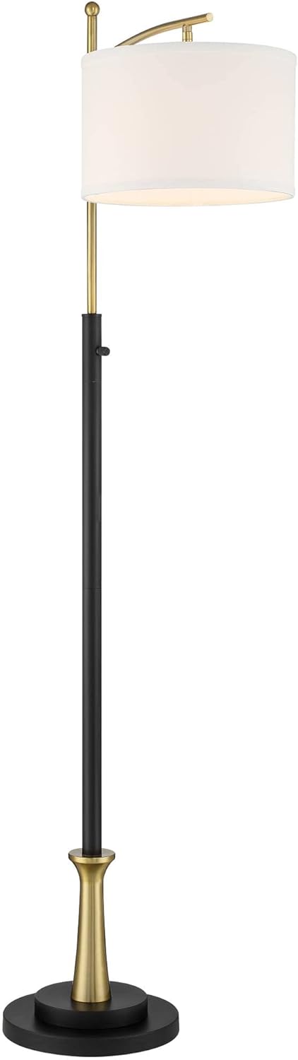Possini Euro Design Burbank Modern Downbridge Floor Lamp 64" Tall Black Brass Gold Metal Linen Drum Shade for Living Room Reading Bedroom Home Office House