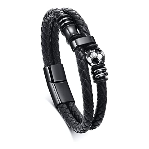 TempBeau Mens Bracelet Leather Football Black Football Bracelets for Men with Stainless Steel Clasp for 17cm - 19cm Wrist Jewelry Gift Cover