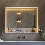 mojiasion 3-türiger Badspiegelschrank 80 cm breit mit LED-Beleuchtung, Steckdose & Touch-Sensor, 3 Lichtfarben dimmbar – inkl. Föhnhalter, Handtuchhalter & 4 verstellbaren Einlegeböden – Weiß