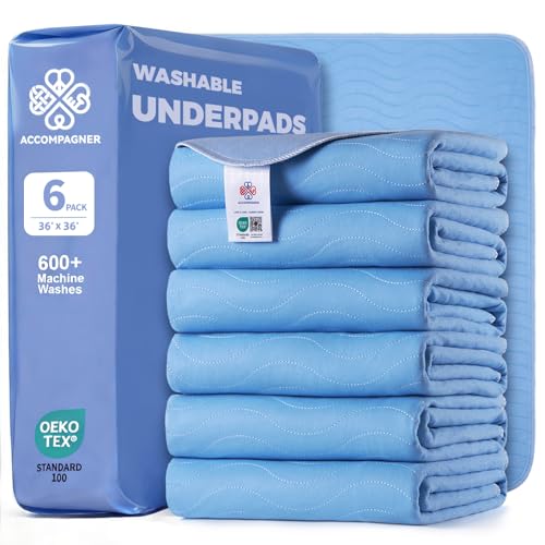 Image of Accompagner Incontinence Bed Pads Washable Waterproof, Ultra-Absorbent Reusable Underpads for Diaper Changing, Nursing, Bedridden, Adults, Seniors, Kids and Dogs (Blue, 36 inchx36 inch(Pack of 6))