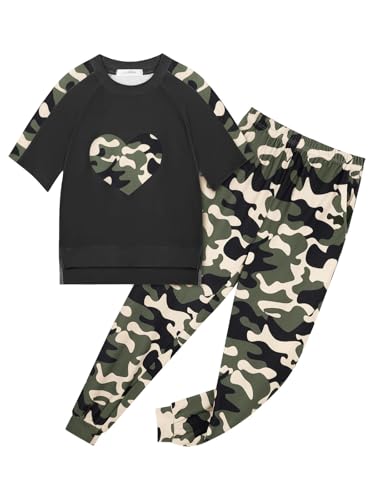 Girls' Clothing Sets Short Sleeve Heart Print Shirt Camo Print Pa...