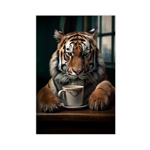 Poster sur toile Tiger Drinks Coffee 61x91 cm pour briser la monotonie d'un mur blanc de salon