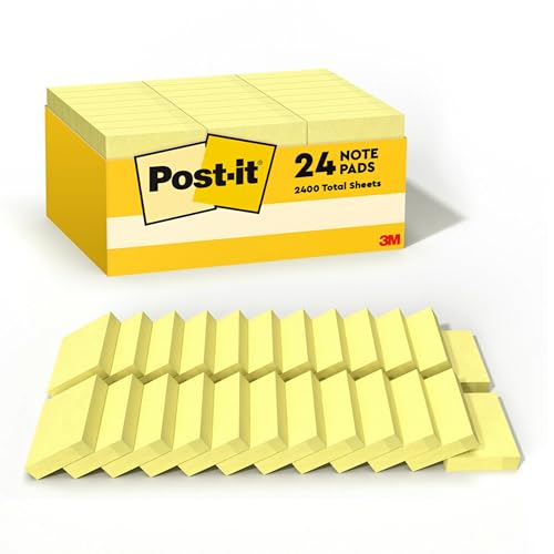 Post-it Notes, 1/3/8 x 1 7/8 in, 24 Sticky Notes Pads, 100 Sheets per Pad, Canary Yellow, The Original Post-it Note, School Supplies and Oﬃce Products