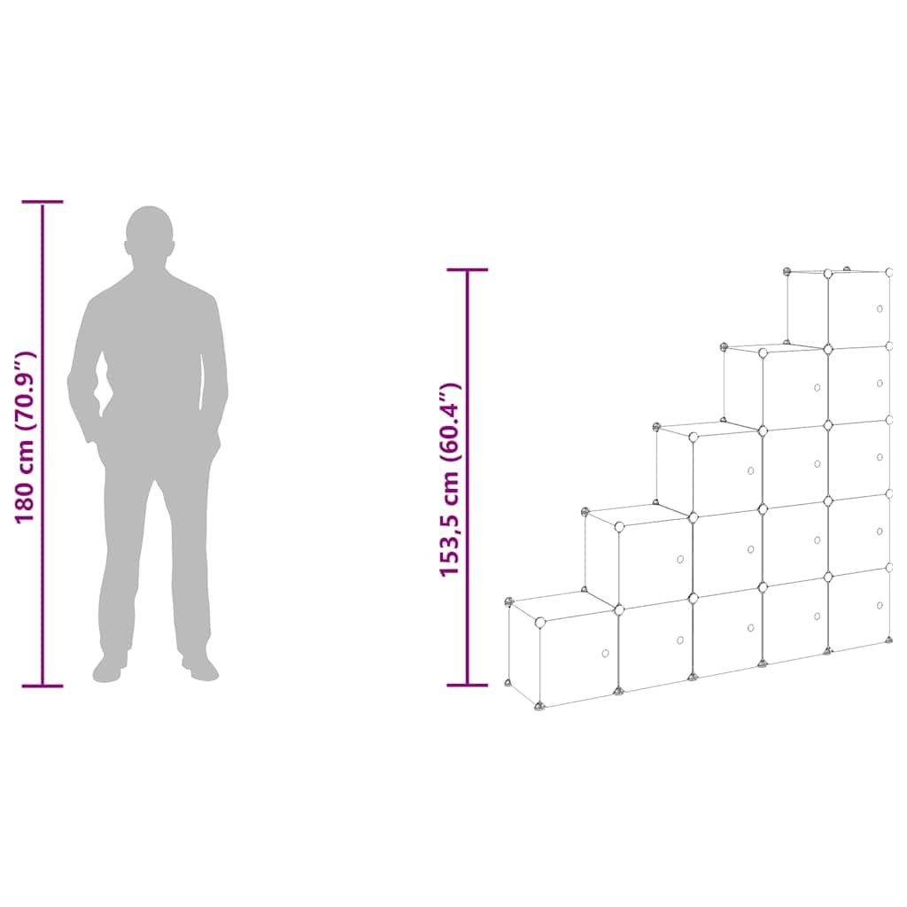 System regałów z 15 kostkami i drzwiczkami, czarny, z tworzywa sztucznego PP, ze stalową ramą, 156 x 31,5 x 153,5 cm, można układać w stos i zamykane, uniwersalny regał na buty
