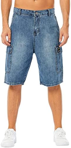 LONGBIDA Men's Loose Fit Denim Cargo Shorts with Multi Pockets(Blue,32)