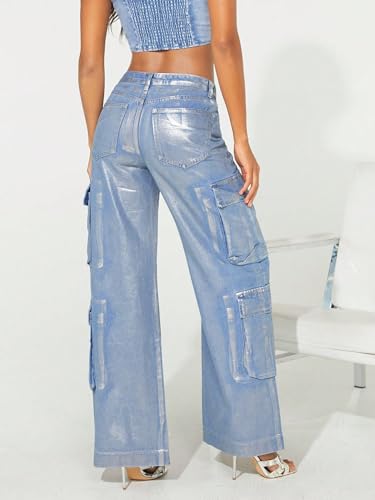 Women's High Waist Metallic Cargo Jeans Flap Pocket Wide Leg Denim Pants2
