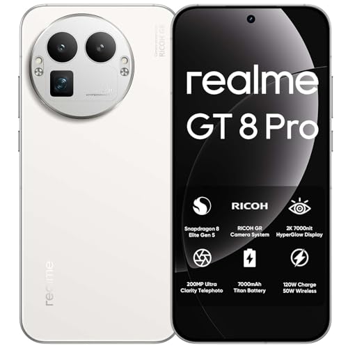realme GT 8 Pro Smartphone 5G Snapdragon 8 Elite Gen 5, 12GB+256GB 6.79' QHD+ 144Hz AMOLED, Batería 7000mAh & 120W SuperVOOC/50W Wireless, 200MP Teleobjetivo + 50MP IMX906 + 50MP Grandangolo, Blanco