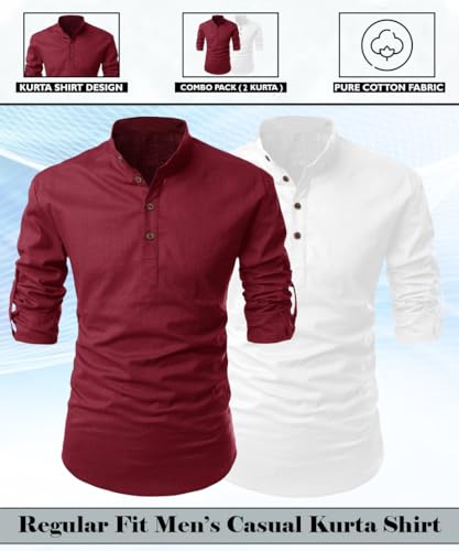 Image of FINIVO FASHION Combo of Men's Cotton Blend Solid Regular Fit Full Sleeve Straight Short Kurta Shirt, Casual and Formal Wear