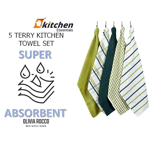 Olivia Rocco 5 Pack Terry Kitchen Tea Towels Cotton Super Absorbent Quick Drying Soft Towel Cloth, Sage Green