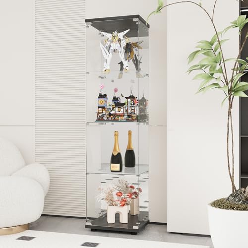 LFT HUIMEI2Y Glass Display Cabinet 4-Shelf with Door, Lock and Mirror, Curio Cabinets Upgraded Quick-Install Style Tempered Glass Display Showcase for Bedroom, Living Room 66”x 17”x 14” Black